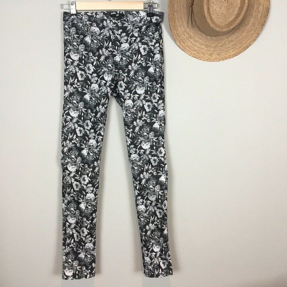 H&M Womens Jeggings Black White Floral Skinny || 8